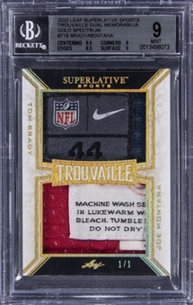 2020 Leaf Superlative Sports "Trouvaille Dual Memorabilia" Gold Spectrum #T18 Tom Brady/Joe Montana Dual Patch Card (#1/1) - BGS MINT 9